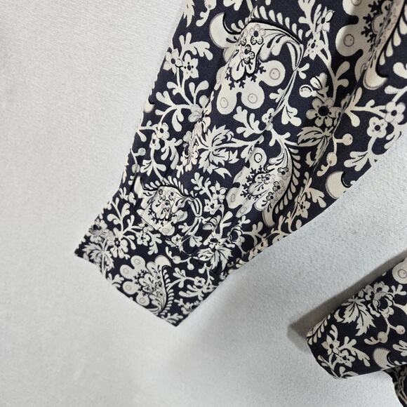 Loft Belted Top Sz S Blue White Floral Print Back Keyhole Long Sleeve Button - Picture 5 of 13